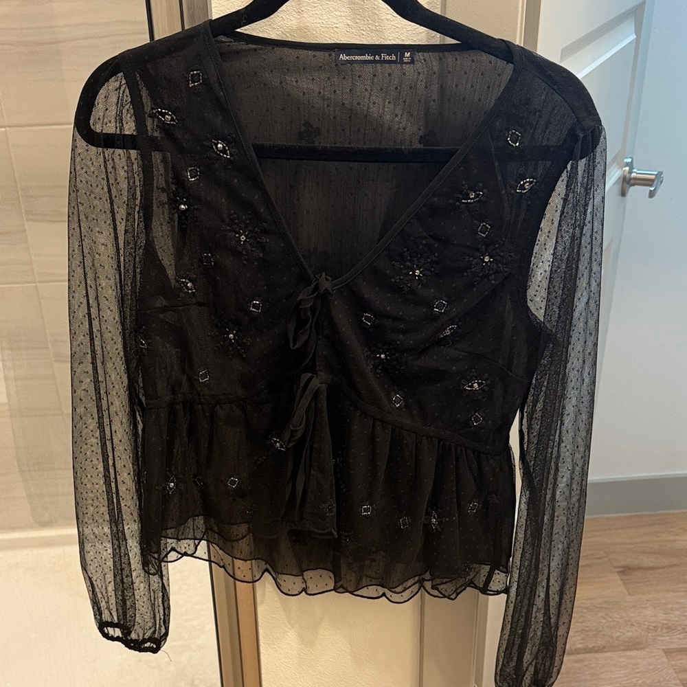 Abercrombie & Fitch Black Embroidered Sheer Blouse